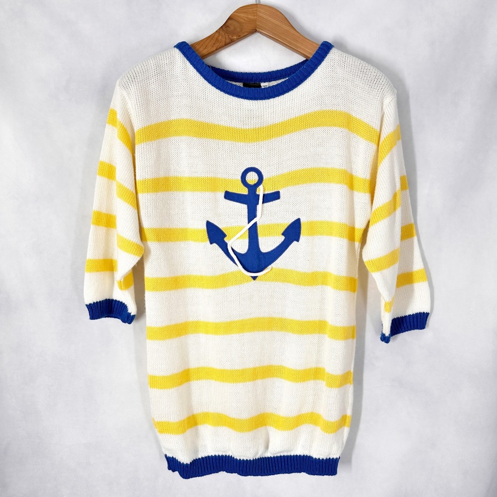 Vintage Catalina 3/4 Sleeve Striped Yellow White Anchor Sweater Size Medium
